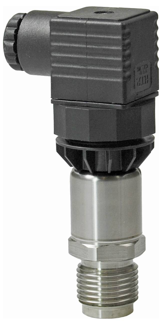 Connecteur électrique industriel à angle droit avec boîtier en plastique noir et base filetée en métal argenté.