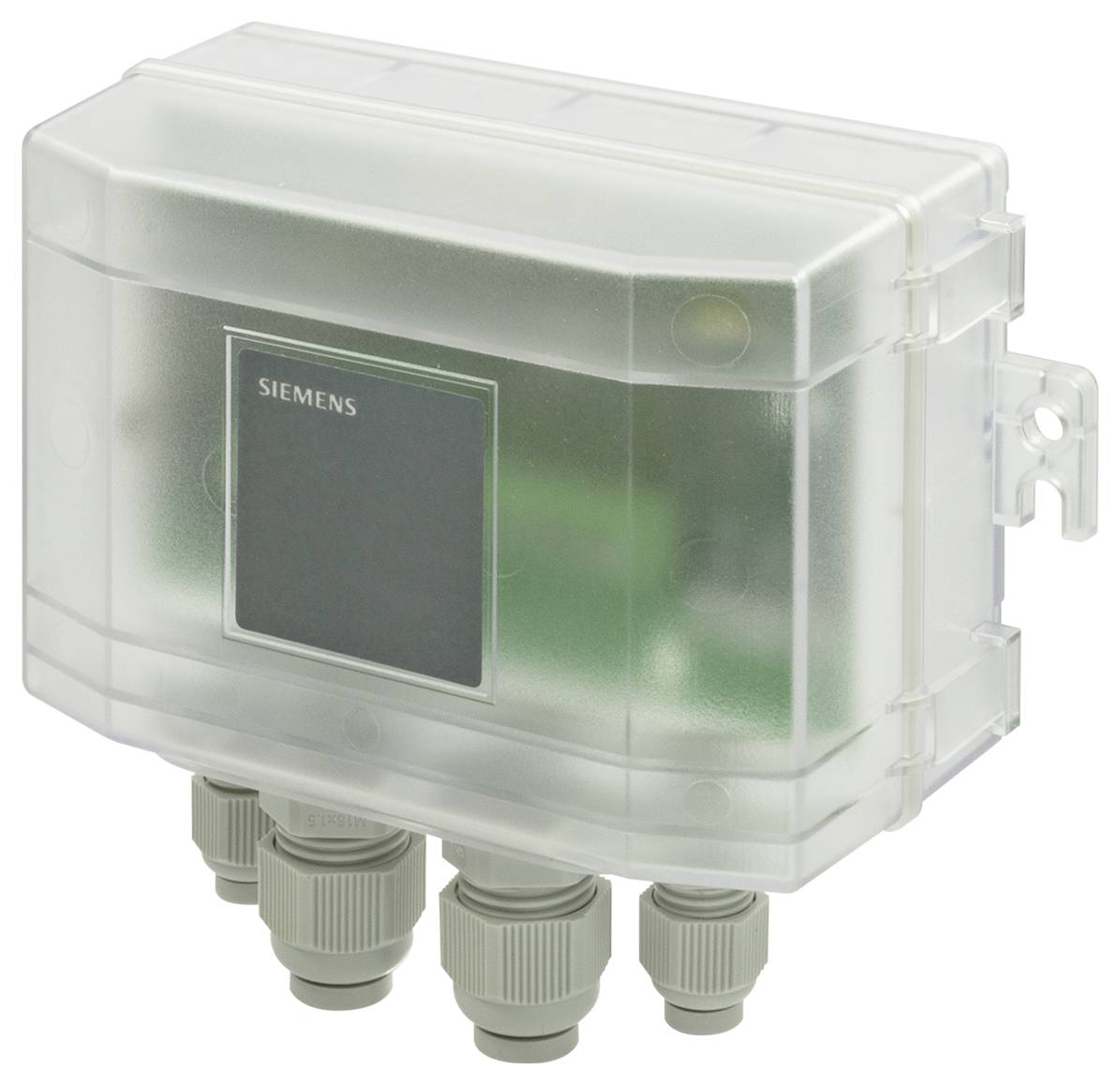 Boîtier de commande électrique Siemens transparent avec trois passe-câbles montés sur le bas et un support latéral