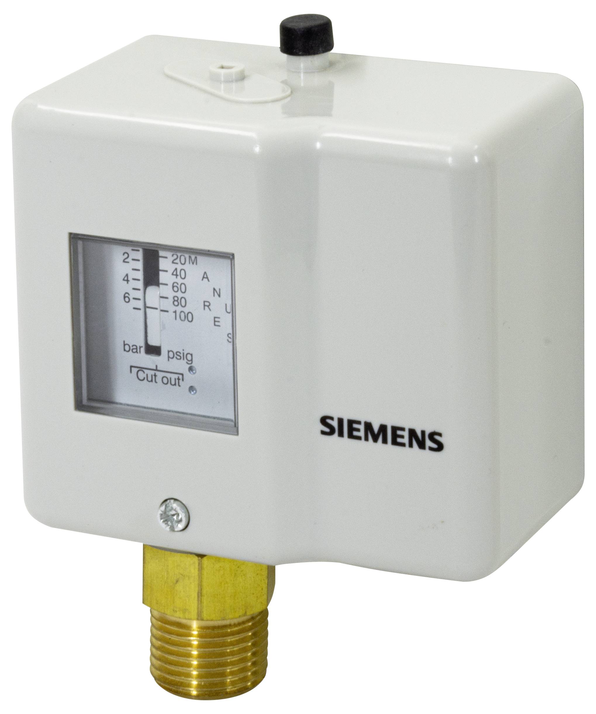 Commutateur de pression Siemens avec une échelle de pression visible et un connecteur en laiton fileté sur un boîtier blanc.