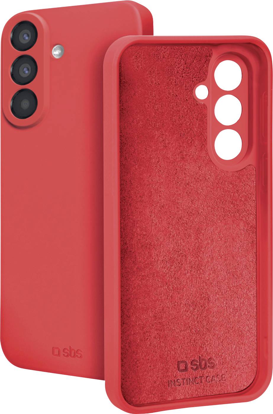 Étui de protection rouge pour smartphone montré de face et de dos, rouge vif avec trois découpes pour caméra et marquage « sbs Instinct Case ».