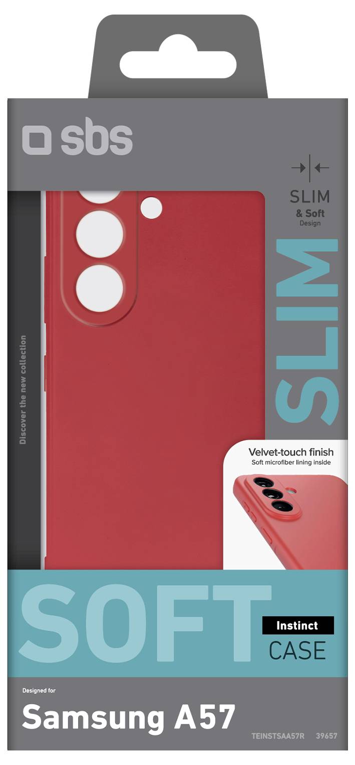 Emballage pour un étui de téléphone SBS 'Slim & Soft' pour Samsung A57, présenté en rouge avec une finition tactile velouté et le marquage 'SOFT CASE'.