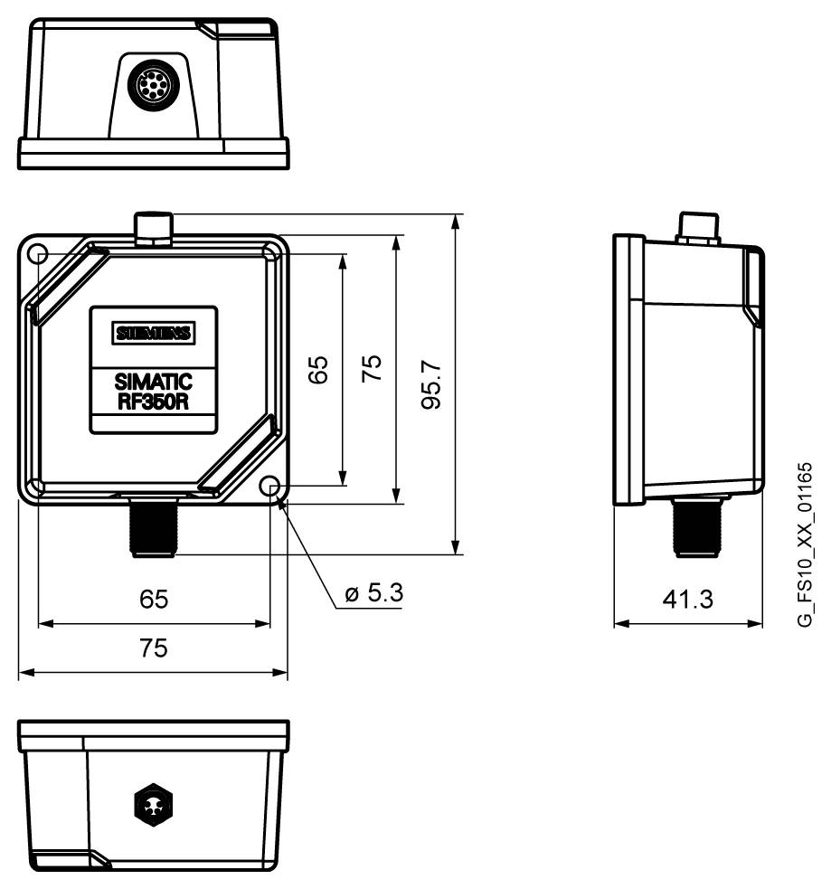 Dessin technique d'un dispositif SIMATIC RF360R montrant les vues de face, de côté et de dessus avec les dimensions, incluant 65, 75, 95,7, 41,3 et le trou de montage ø 5,3.