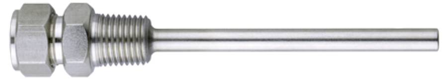 Sonde de capteur de température filetée en métal avec raccord hexagonal et long fût cylindrique sur fond blanc.