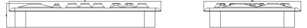 Vues de côté et de face d'une longue table rectangulaire ou banc avec un plateau plat et des pieds, présentés comme un dessin technique simple.