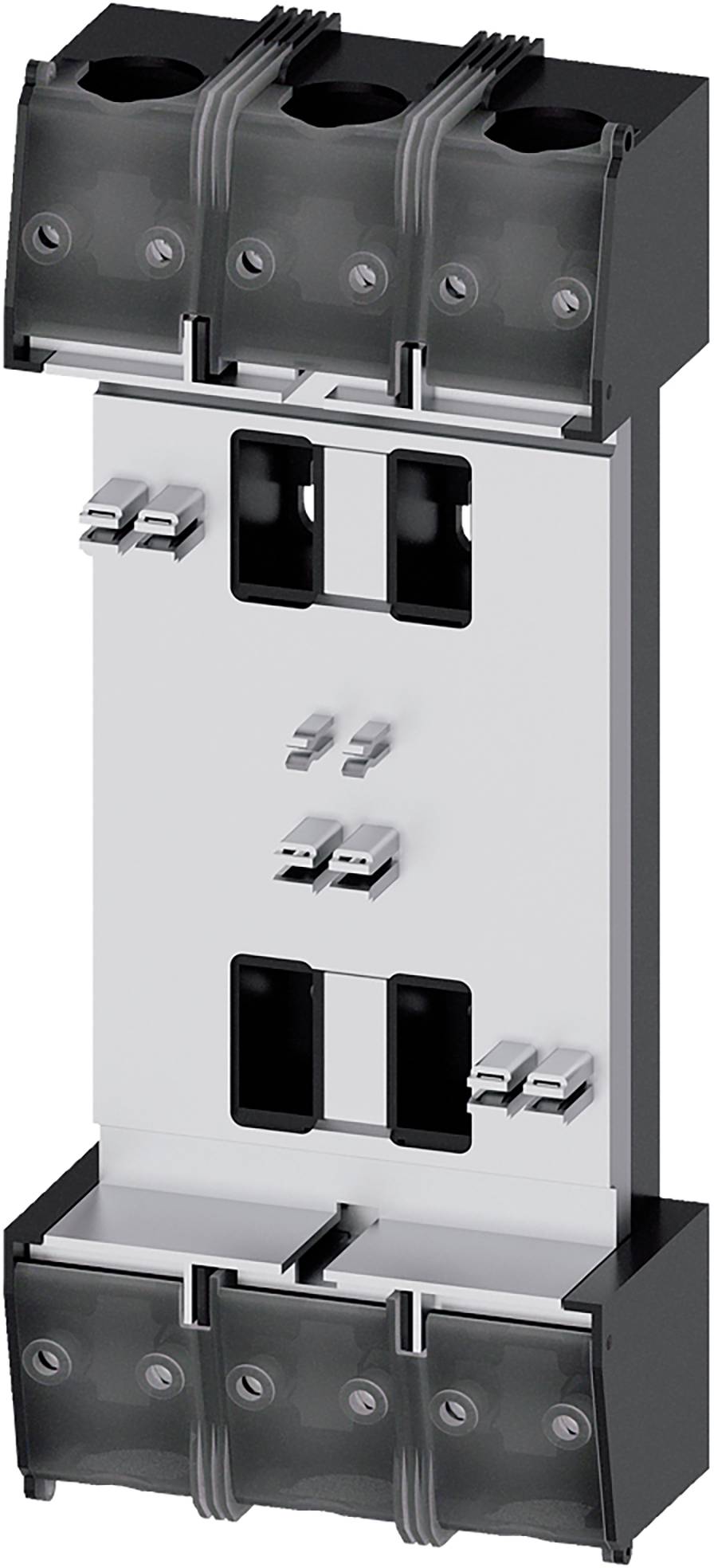 Disjoncteur électrique triphasé avec capuchons de bornes noirs et corps central argenté, présenté en vue de face isolé sur fond blanc.