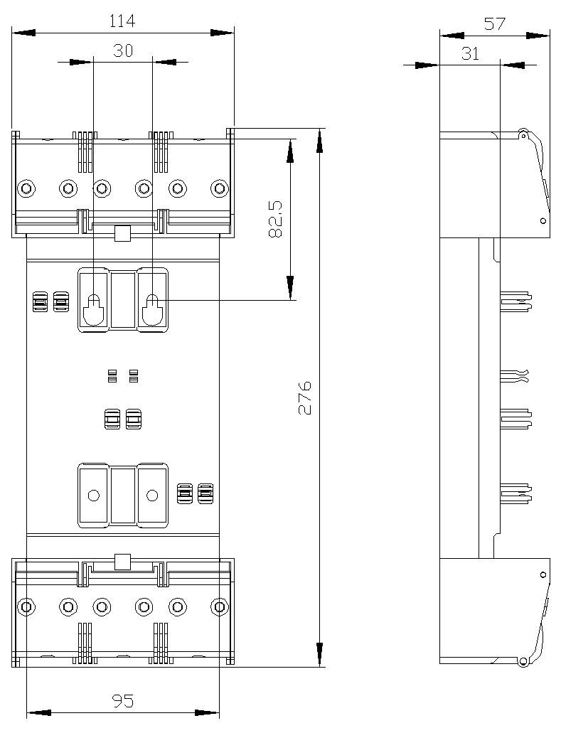 Dessin technique en dimensions d'un dispositif électrique ou disjoncteur, montrant les vues de face et de côté avec les mesures étiquetées 114, 95, 82,5, 276, 57, 31 et 30 mm.