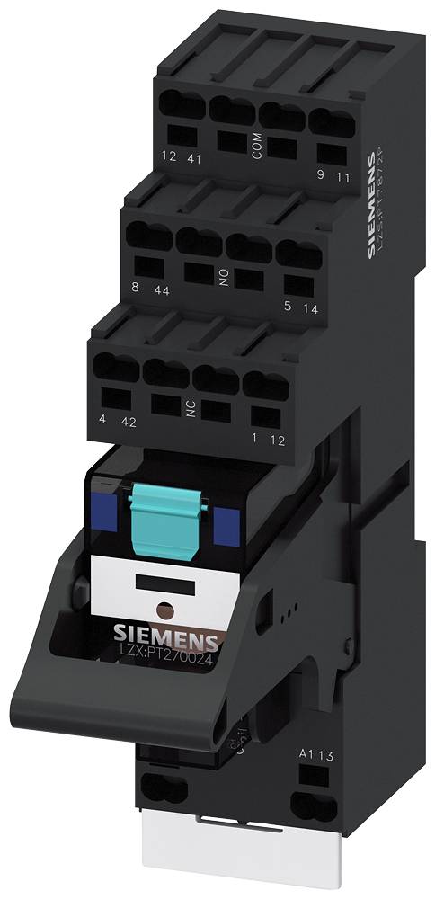Module de relais électrique Siemens avec numéros de bornes et commutateur de test manuel frontal dans un boîtier DIN-rail noir.