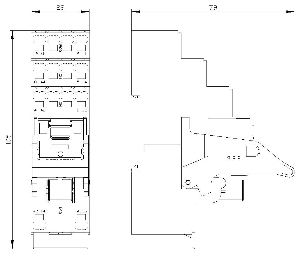 Dessin technique d'un relais électrique modulaire ou d'un contacteur, présenté en vues de face et de côté avec des dimensions de 28 mm de largeur et 105 mm de hauteur, plus 79 mm de profondeur.
