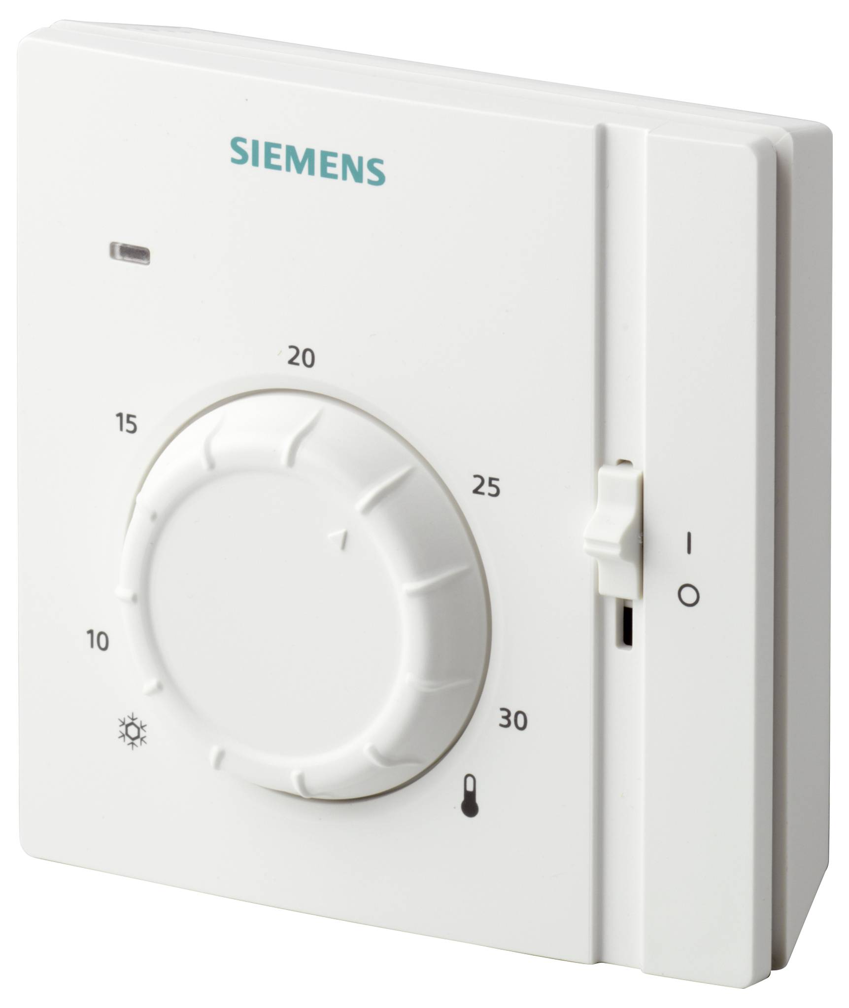 Thermostat mural blanc Siemens avec un grand cadran de température gradué de 10 à 30 et un bouton marche/arrêt sur le côté