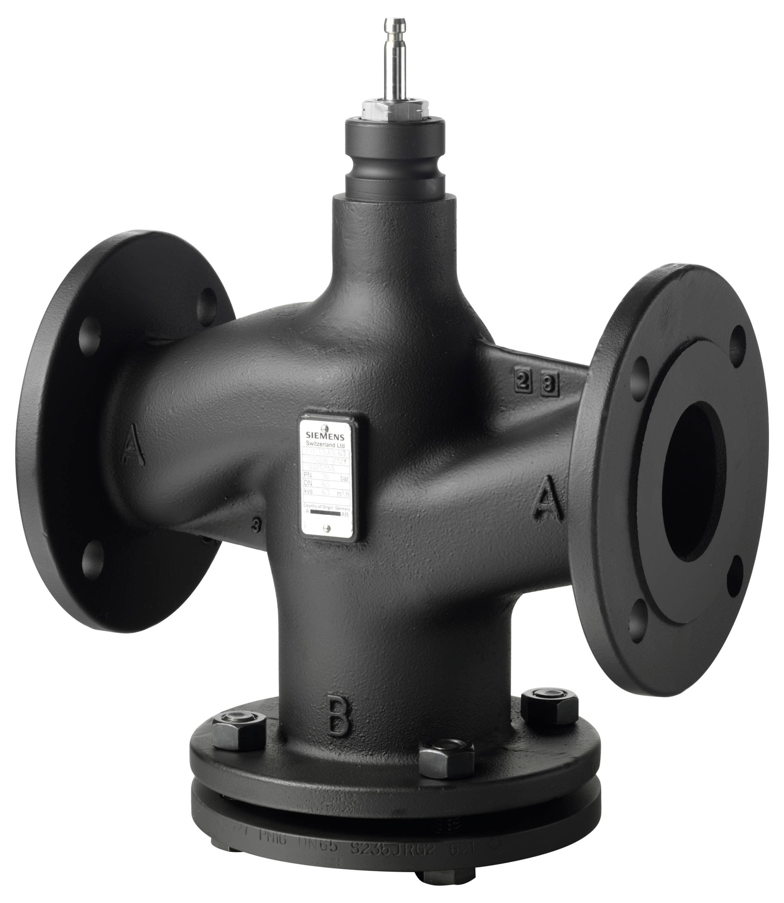 Actionneur de vanne électrique Siemens Acvatix SKD62 avec bouton d'ajustement gris et support de montage, présenté isolé sur fond blanc.