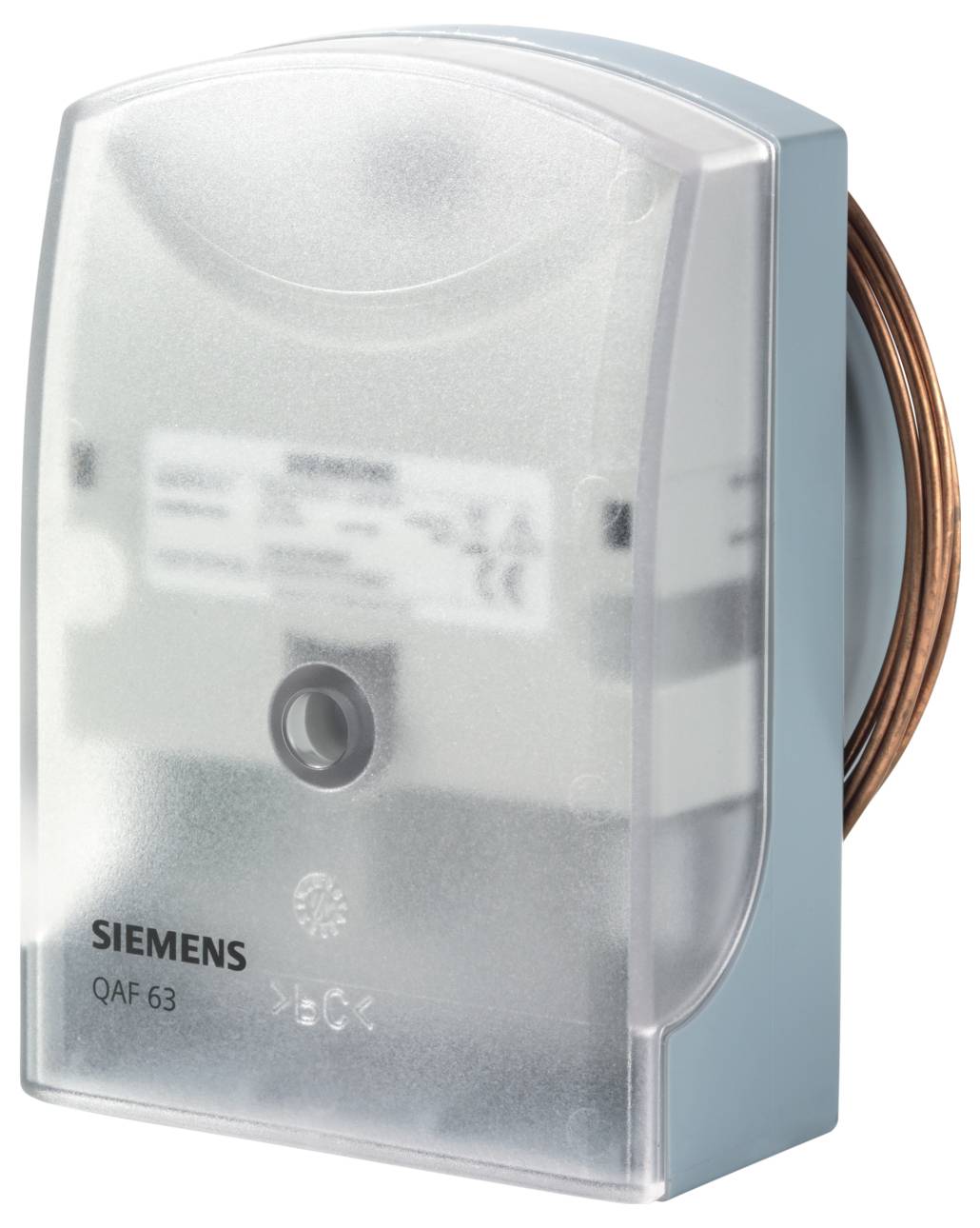 Dispositif électrique Siemens QAF63 dans un boîtier de protection transparent avec bobine en cuivre exposée sur le côté.