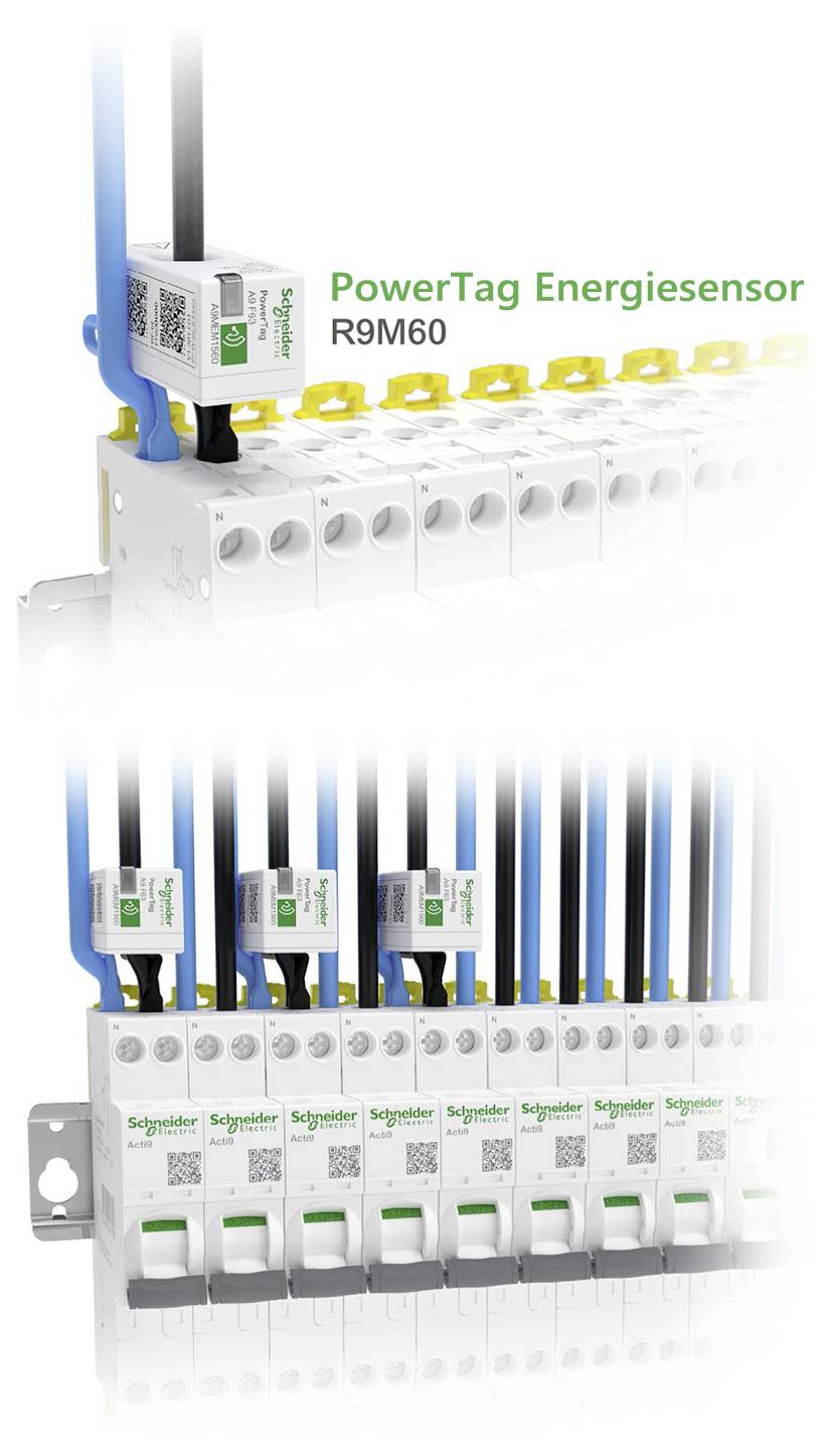 Modules capteur d'énergie Schneider Electric PowerTag RM60 installés sur un tableau électrique de disjoncteurs avec plusieurs disjoncteurs de circuit connectés.