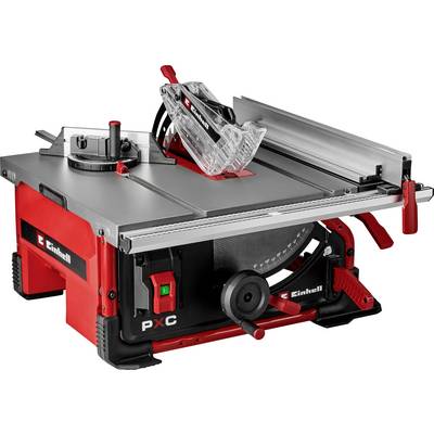 Scie circulaire de table portable rouge et noire avec protecteur de lame, guide de ripure et roues d'ajustement, présentée sur un fond blanc.