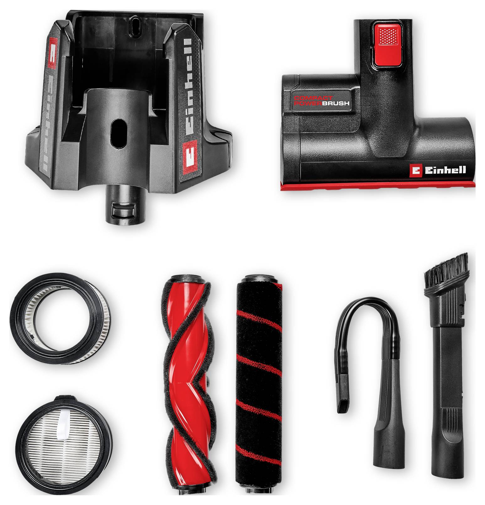 Aspirateur-balai sans fil rouge avec de nombreuses pièces jointes interchangeables disposées dans un affichage circulaire de famille de produits, étiqueté « FAIT PARTIE DE LA FAMILLE POWER X-CHANGE ».