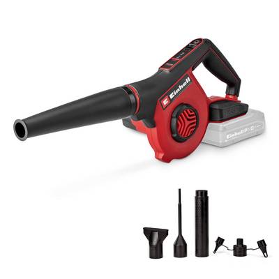 Souffleur de feuilles Einhell sans fil avec batterie, présenté avec plusieurs accessoires de buse en dessous.