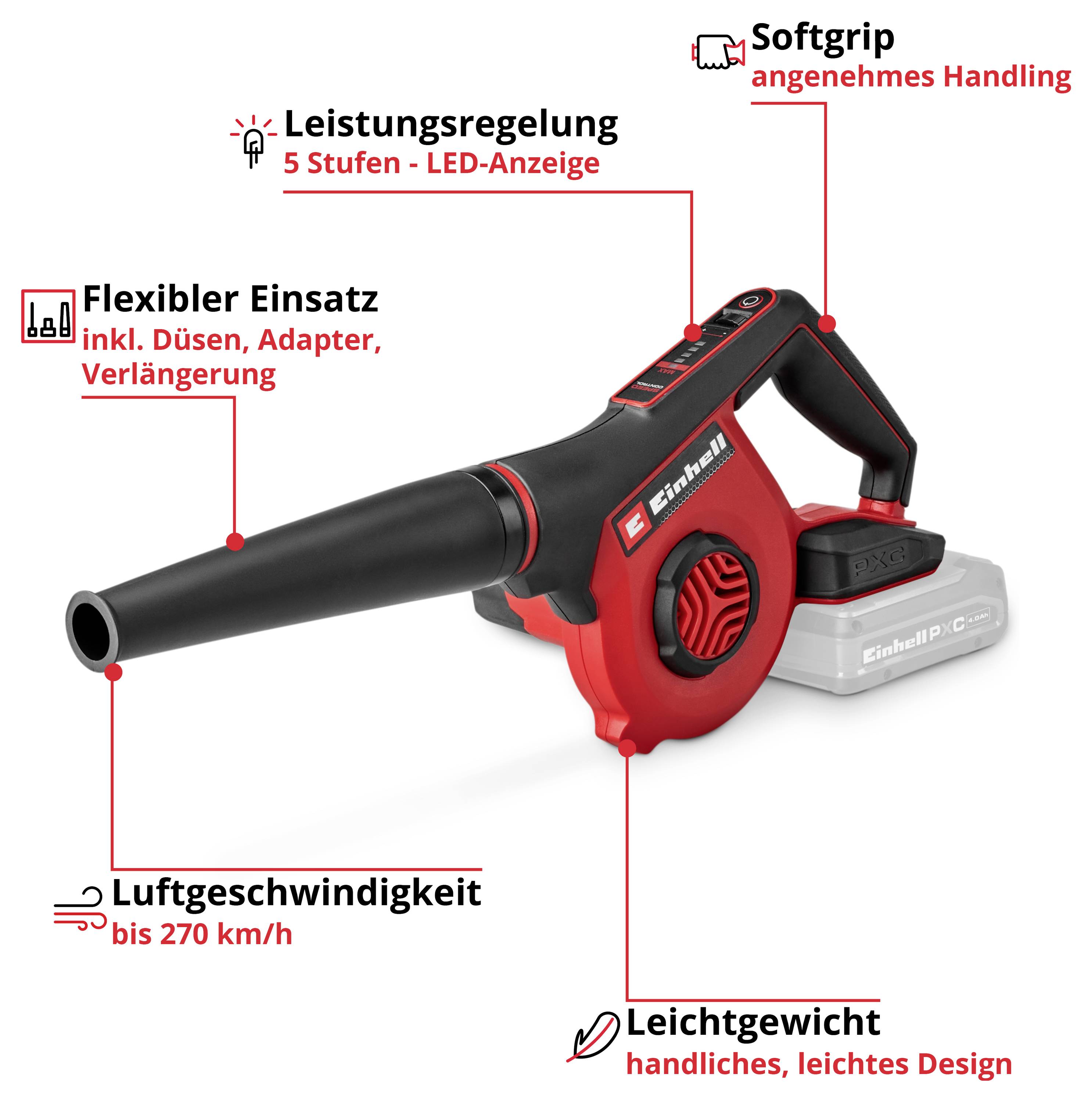 Image produit d'un souffleur de feuilles sur batterie avec descriptions des fonctions : régulation de puissance à 5 niveaux, poignée ergonomique, utilisation flexible avec buses/adaptateurs, vitesse de l'air jusqu'à 270 km/h et conception légère.