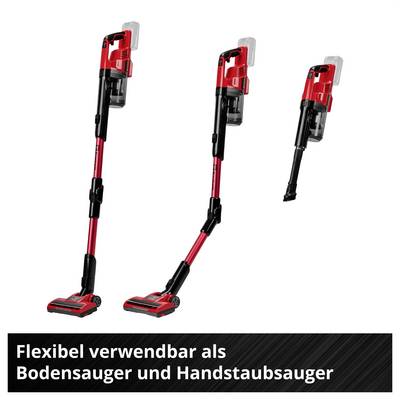 Trois vues d'un aspirateur sans fil rouge, utilisable comme aspirateur de sol et aspirateur à main ; Texte : « Utilisable de manière flexible comme aspirateur de sol et aspirateur à main ».