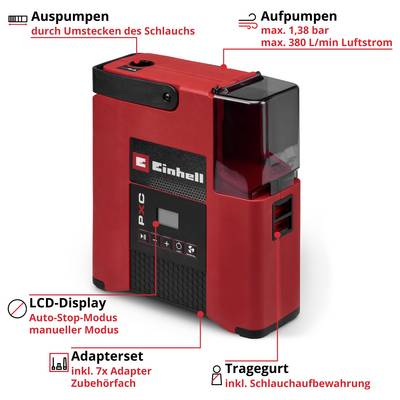 Pompe Einhell rouge avec fonctions étiquetées : Gonflage jusqu'à max. 1,38 bar, 380 L/min ; Écran LCD, kit d'adaptateurs, sangle de transport et dégonflage.