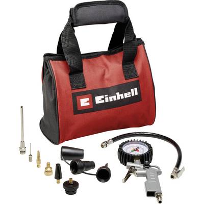 Sac de transport rouge Einhell contenant un kit de gonfleur de pneu à compresseur d'air avec manomètre, tuyau et plusieurs buses adaptateurs sur un fond blanc