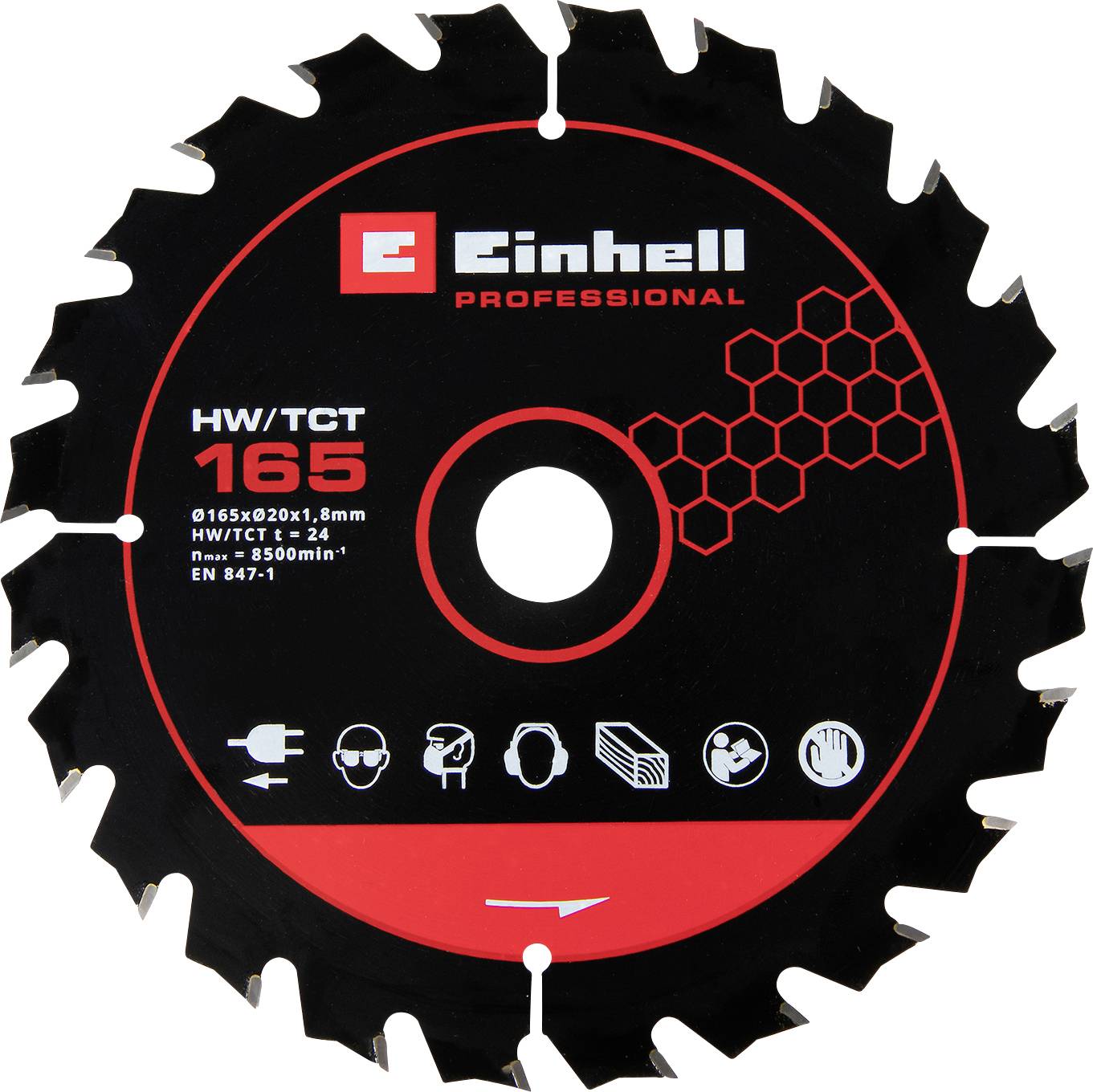 Lame de scie circulaire Einhell Professional portant l'étiquette « HW/TCT 165 » avec un design rouge et noir, des icônes de dents et les spécifications du produit sur le disque.