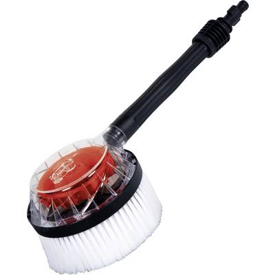 Une brosse noire pour nettoyeur haute pression avec un long manche et des poils blancs sur un boîtier rouge transparent, présentée sur un fond blanc.