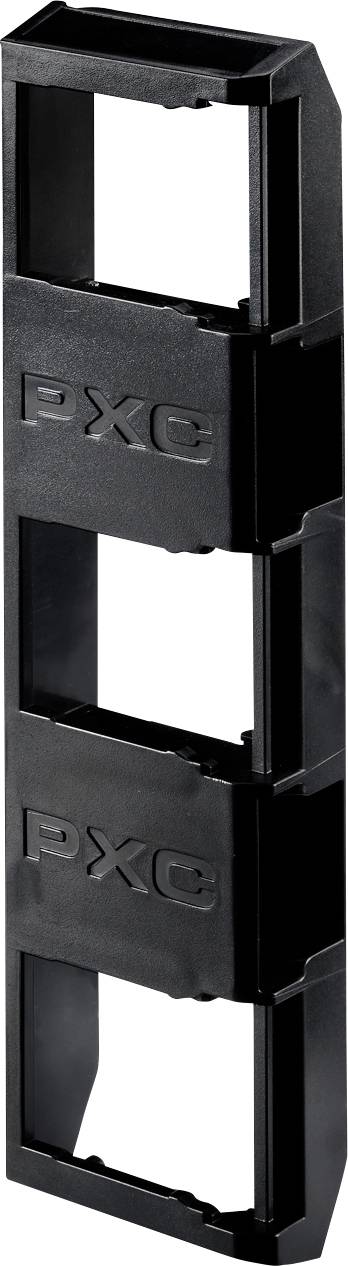 Accessoire à clip noir en plastique PXG avec trois fentes rectangulaires, présenté verticalement sur un fond blanc.