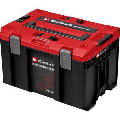 Boîtier de rangement du système Einhell E-Case rouge et noir avec loquets et poignée, montré fermé sur fond blanc.