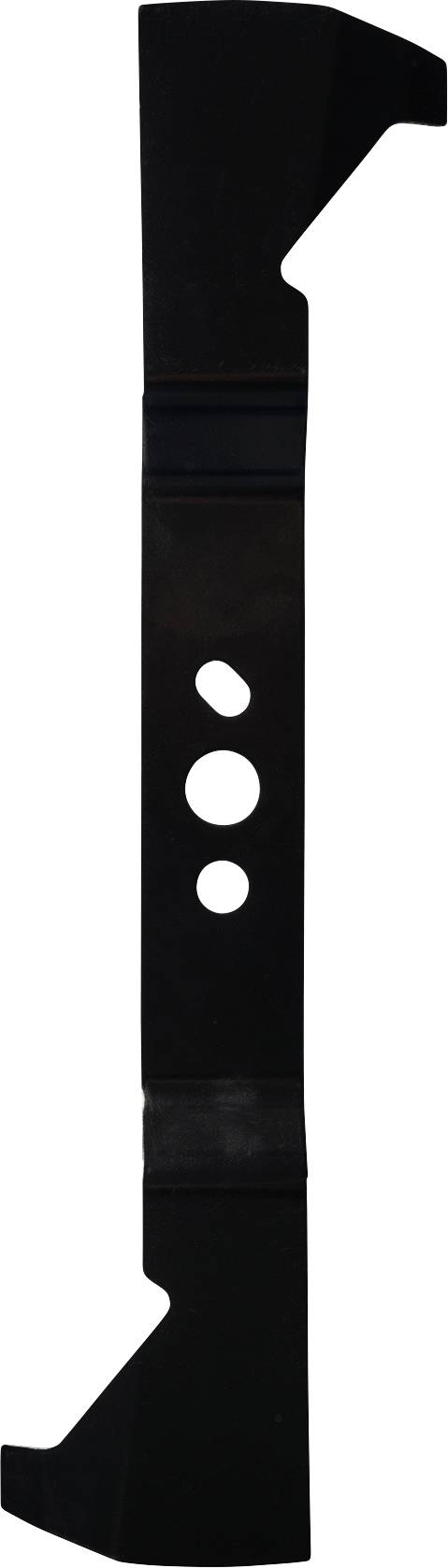 Lame de coupe noire ou lame de tondeuse avec trois trous de montage et extrémités angulées, présentée sur un fond blanc.