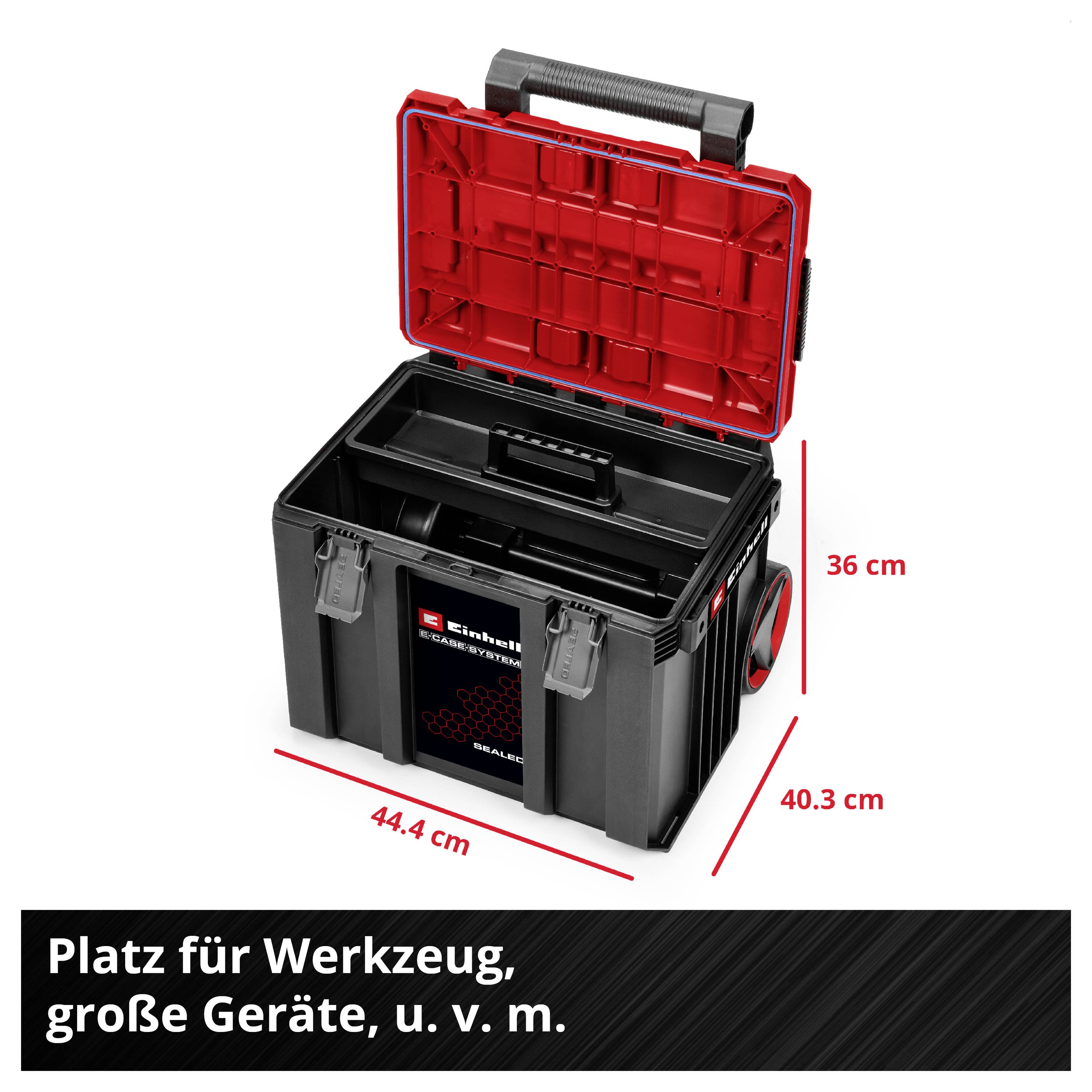 Boîte à outils ouverte avec couvercle rouge et poignée ; indique les dimensions 44,4 cm, 40,3 cm et 36 cm ainsi que le texte « Place pour outils, gros appareils, et bien d'autres choses. »