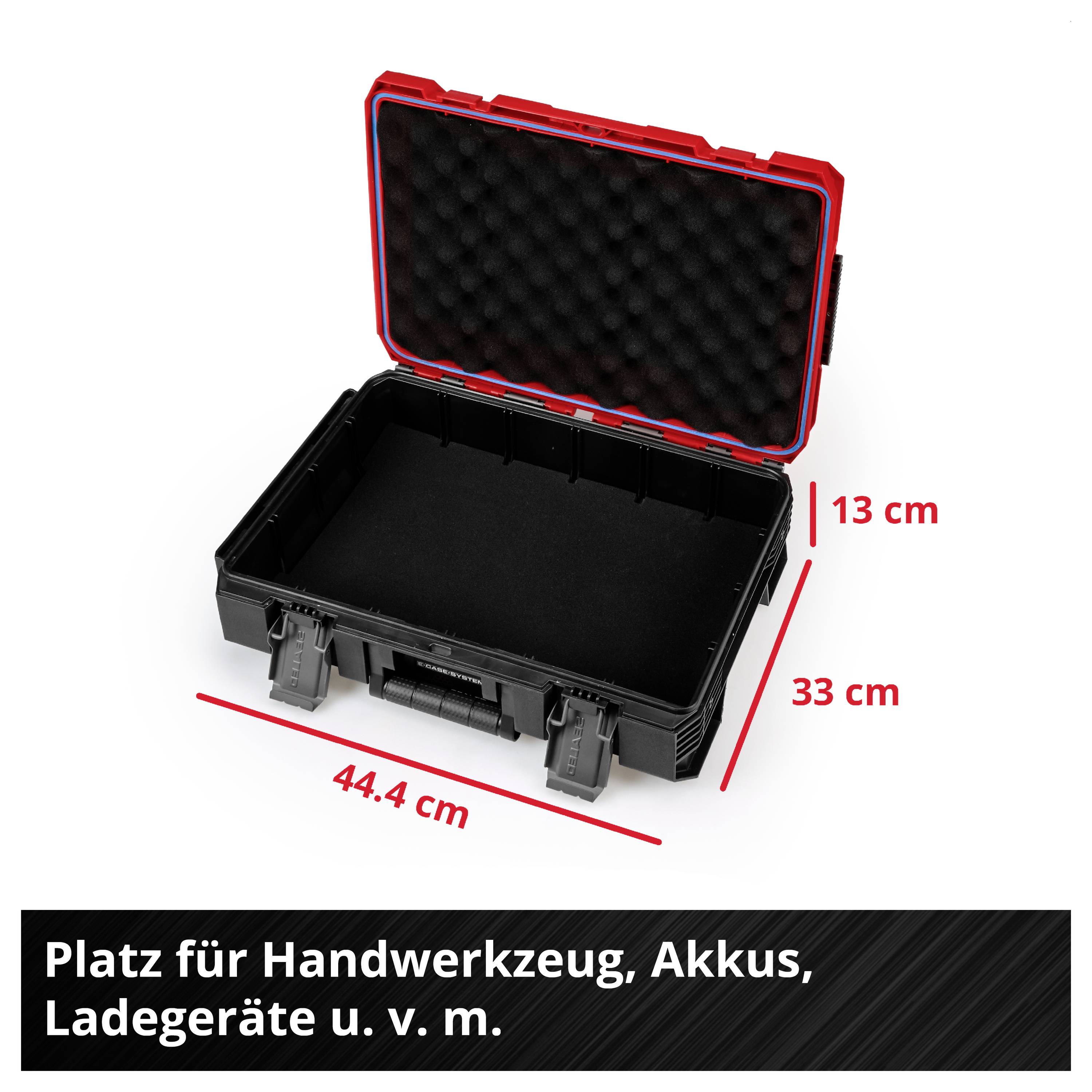 Mallette de transport noire ouverte avec couvercle en mousse ; dimensions 44,4 x 33 x 13 cm. Texte : « Espace pour outils manuels, batteries, chargeurs et bien d'autres. »