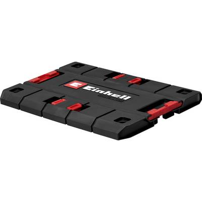 Mallette à outils Einhell noire avec des loquets rouges et une poignée moulée, présentée fermée sur un fond blanc.
