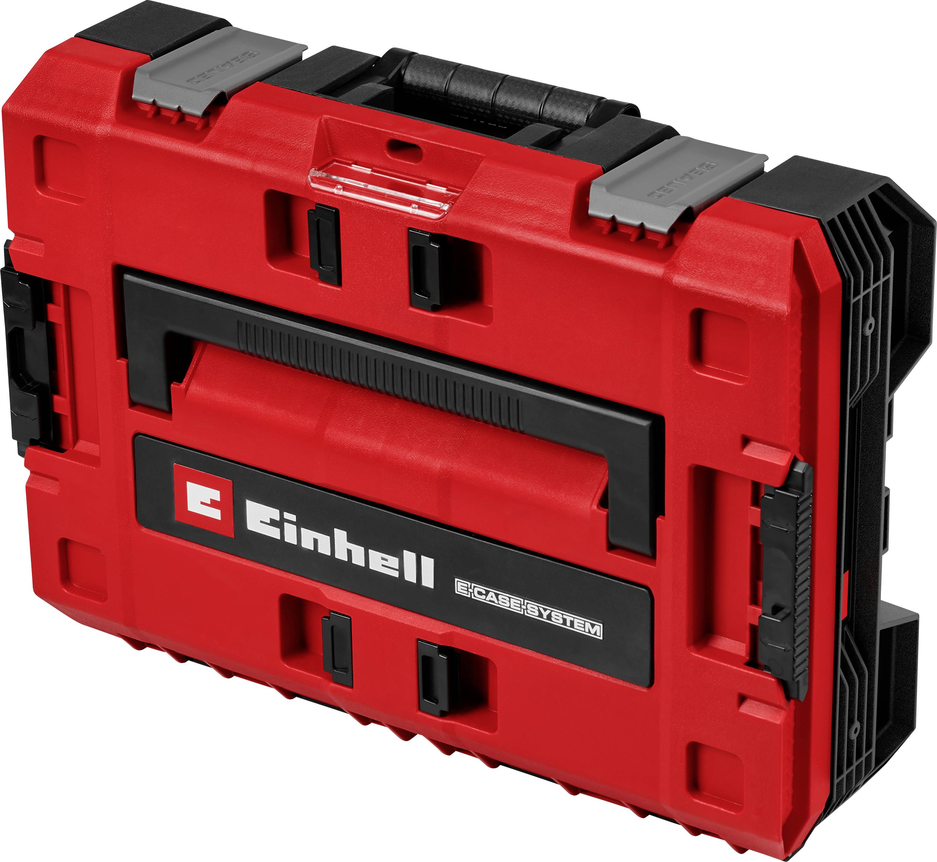 Coffret de rangement Einhell CASE SYSTEM rouge et noir avec poignée de transport, présenté fermé sur un fond blanc.