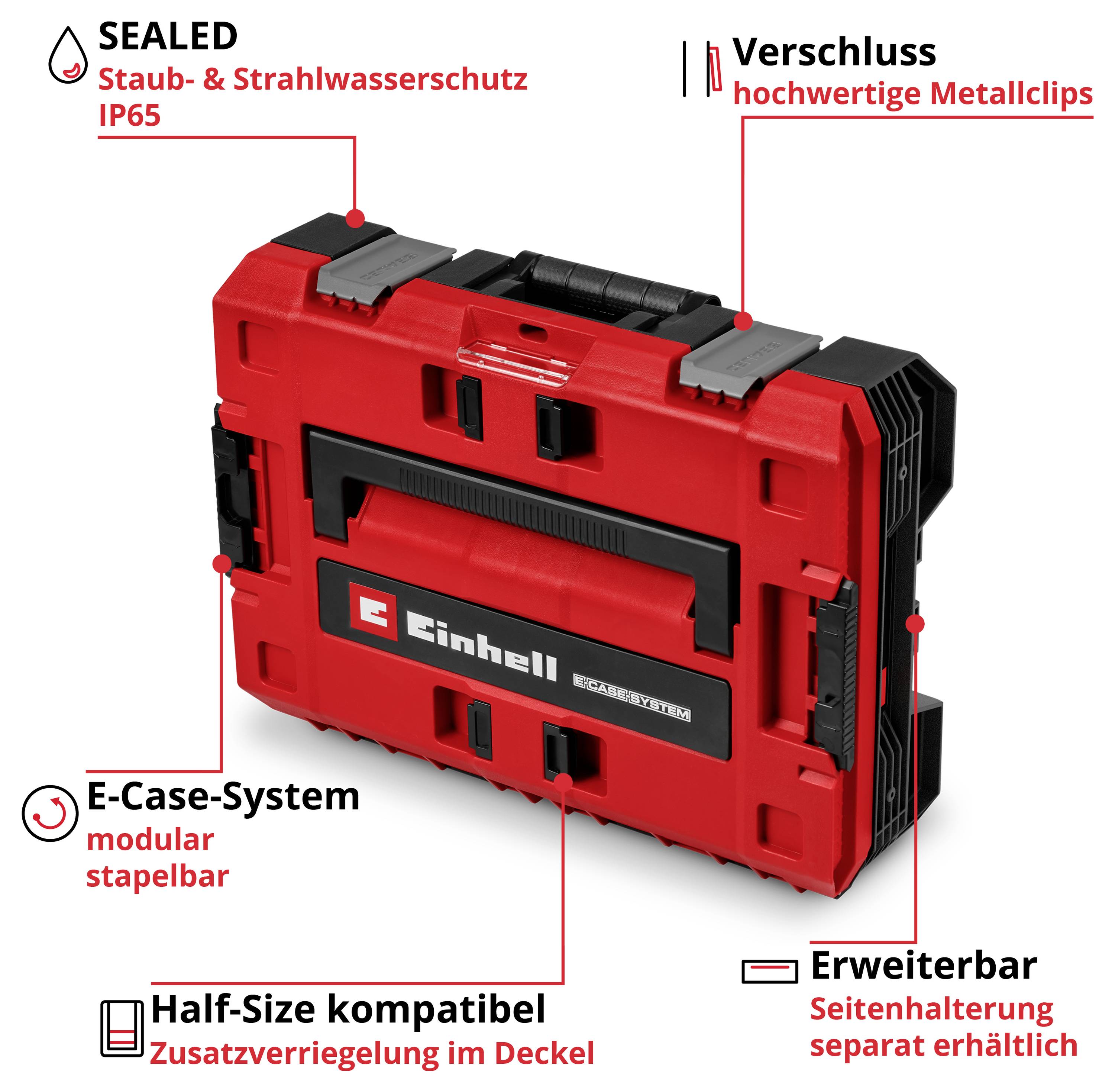 Image produit d'une mallette système Einhell E-Case rouge avec indications fonctionnelles : protégée contre la poussière et les jets d'eau IP65, clips métalliques, empilable modulairement, extensible et compatible avec le demi-format.