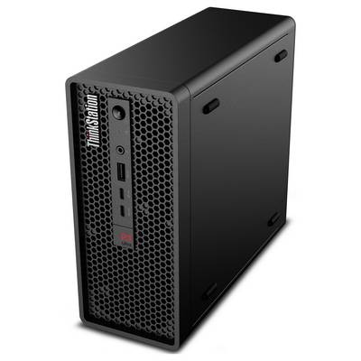 Tour informatique de bureau ThinkStation P3 noire avec grille de ventilation frontale, bouton d'alimentation, ports USB et petit logo rouge « P3 ».