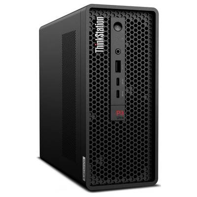 Tour de bureau ultra compact Lenovo ThinkStation P3 noire avec bouton d'alimentation frontal, ports USB et grille en nid d'abeille.