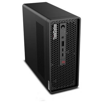 Tour de bureau Lenovo ThinkStation P3 noire présentée de face-gauche, avec panneau frontal en nid d'abeille, bouton d'alimentation et ports USB.