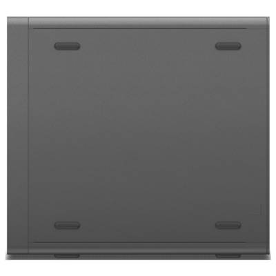 Porte d'armoire d'équipement métallique grise ou boîtier serveur avec quatre poignées encastrées, montré fermé et de face.