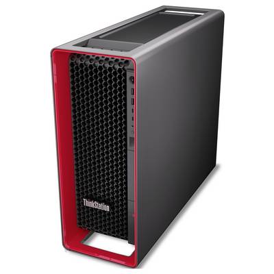 Tour de bureau Lenovo ThinkStation noire avec lunette avant rouge et panneau avant aéré en nid d'abeille, présentée sur fond blanc.