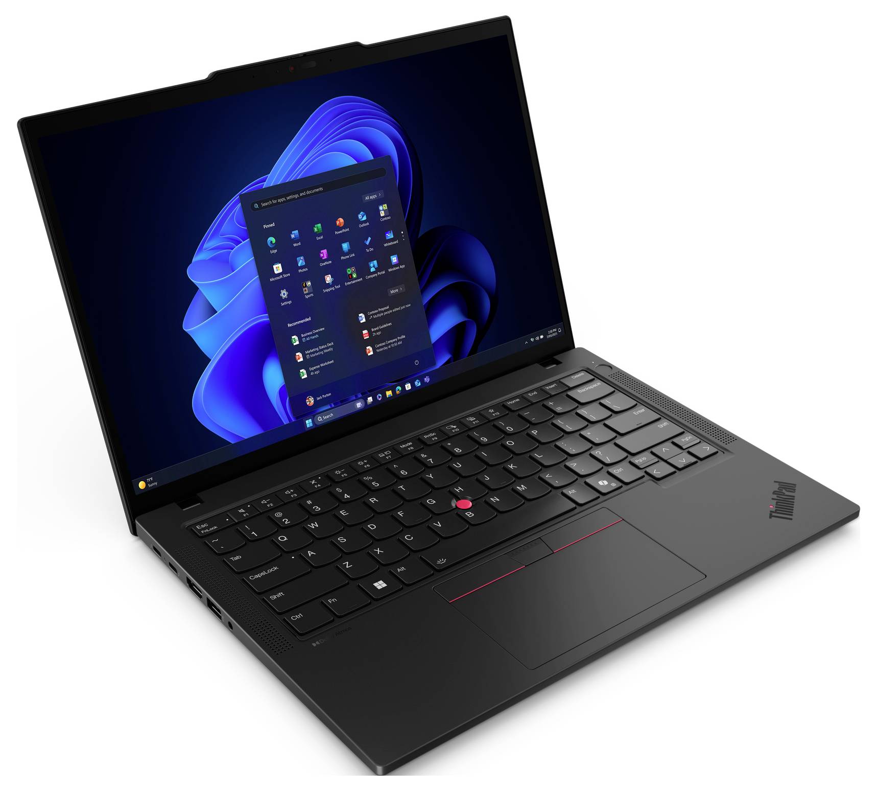 Ordinateur portable Lenovo ThinkPad noir ouvert en angle, affichant le menu Démarrage de Windows 11 à l'écran.