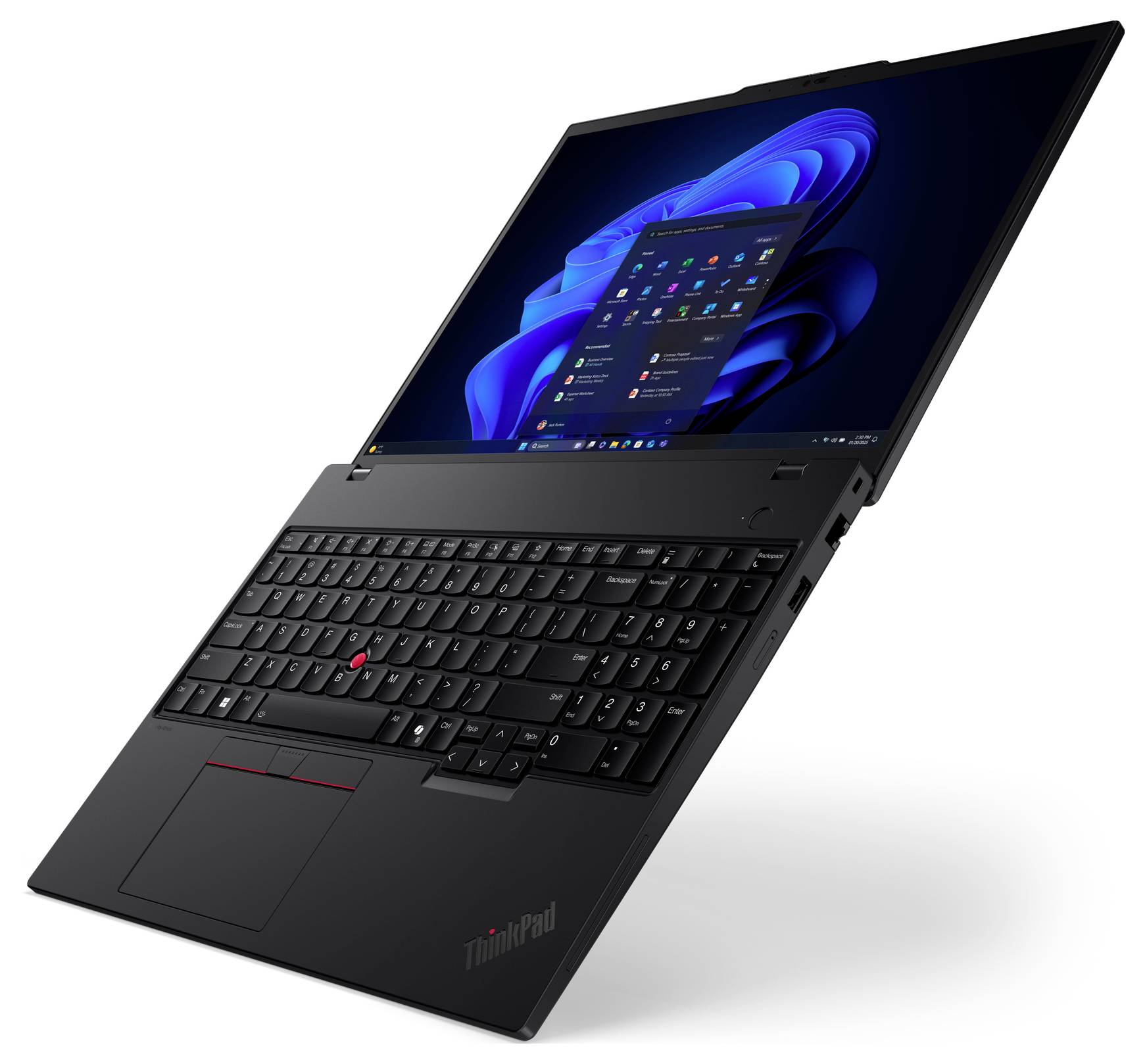 Ordinateur portable Lenovo ThinkPad noir montré ouvert selon un angle, affichant un bureau Windows sur l'écran.