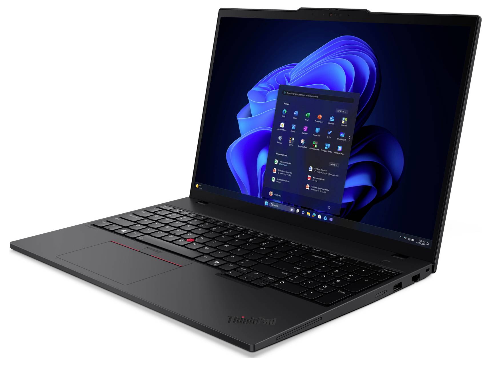 Ordinateur portable ThinkPad noir affiché ouvert selon un angle, affichant le bureau Windows 11 et le menu Démarrer sur l'écran.