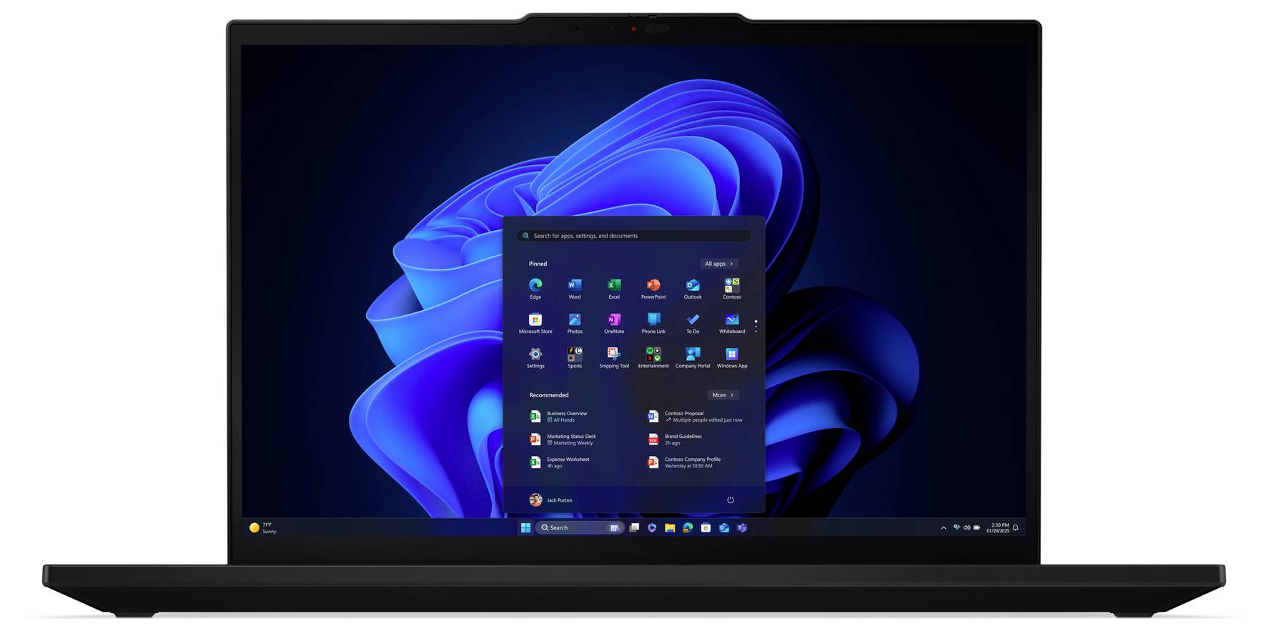 Un portable affichant le bureau Windows 11 avec le menu Démarrer ouvert sur un fond d'écran avec des tourbillons bleus abstraits.