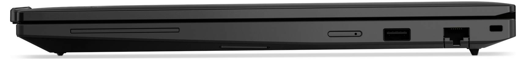 Vue latérale d'un ordinateur portable noir fermé, montrant le profil mince avec un lecteur optique, un bouton d'alimentation et des ports USB.