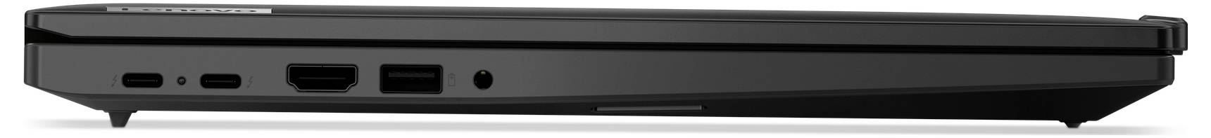 Vue latérale d'un ordinateur portable noir, montrant le bord avant avec les ports et l'emplacement pour carte visibles.