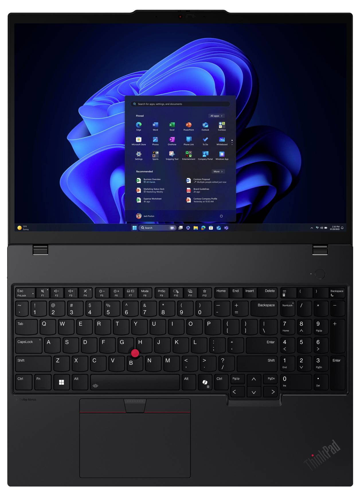 Ordinateur portable ThinkPad noir affichant le bureau Windows 11 et le menu Démarrage à l'écran, avec le clavier et le pavé tactile visibles.