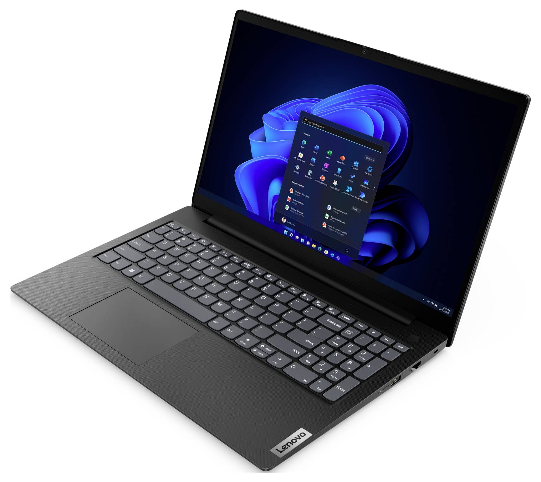 Ordinateur portable Lenovo noir ouvert selon un angle, affichant le bureau Windows 11 sur l'écran.