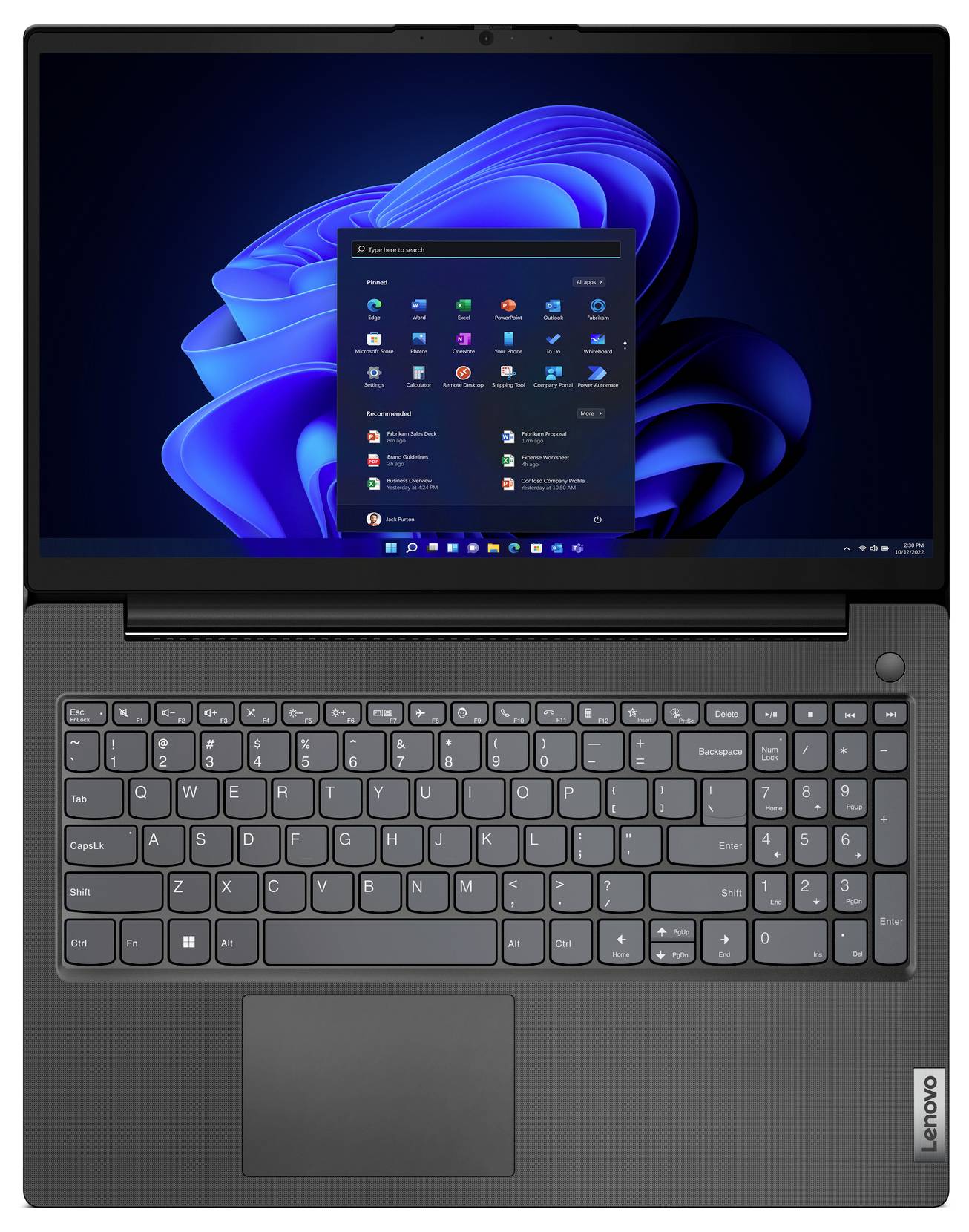 Ordinateur portable Lenovo ouvert avec le menu Démarrage de Windows 11 affiché à l'écran, montrant le clavier et le pavé tactile.