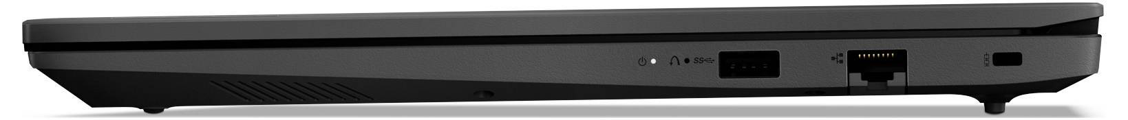 Vue latérale d'un ordinateur portable noir fermé montrant le bord avant avec le voyant d'état, le port USB et le port Ethernet.