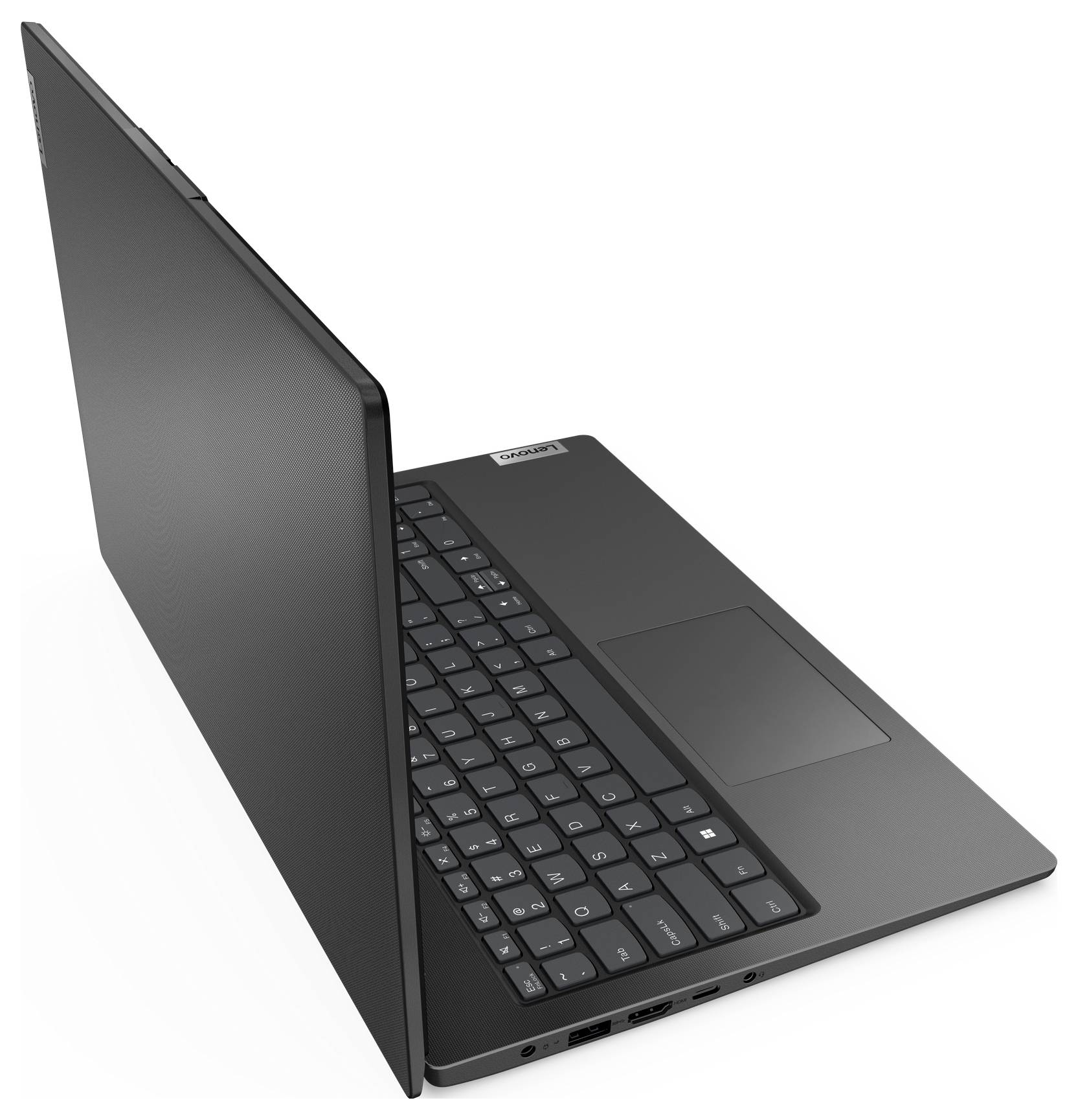 Ordinateur portable noir ouvert montré sous un angle avec clavier et pavé tactile visibles sur un fond blanc.