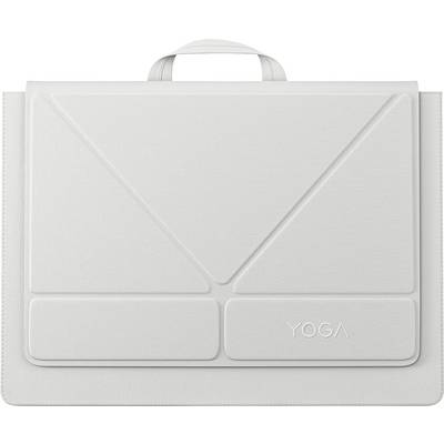 Pochette d'ordinateur portable blanc avec une poignée supérieure et un rabat avant, portant l'étiquette « YOGA » sur le coin inférieur droit.